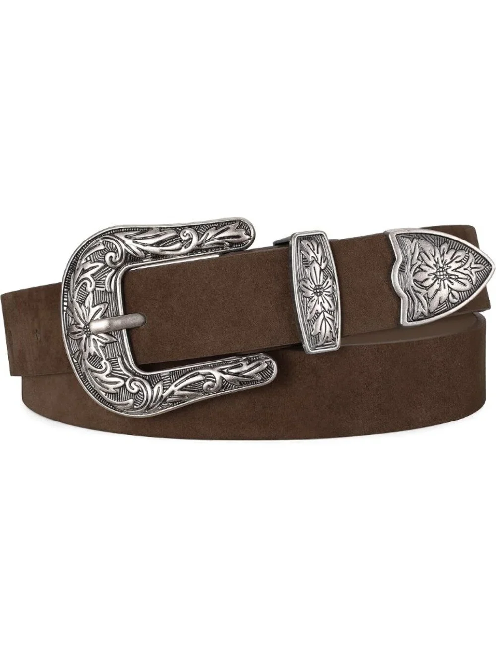 Women's Coffee(suede) Leather Waist Belt Vintage Western Design Silver Buckle